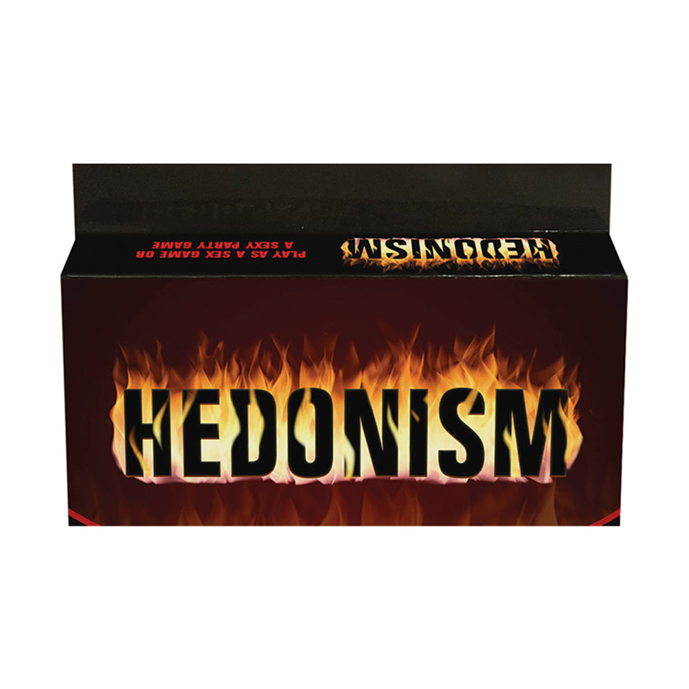 Hedonism Card Game Black Hedonism card game box with orange flame title graphic