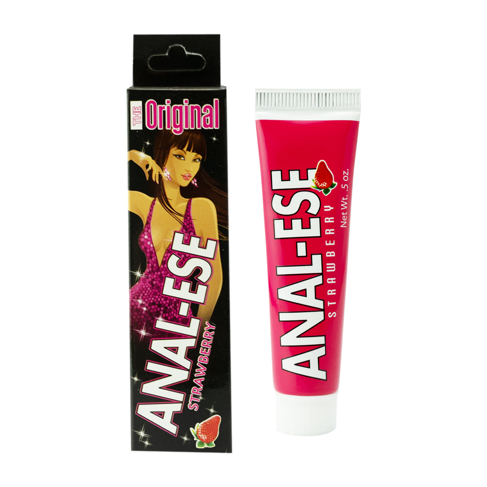 Anal-Ese Home Party Strawberry Desensitizing Cream 0.5 oz. Nasstoys Anal-Ese Strawberry Cream black hanging carton beside red squeeze tube