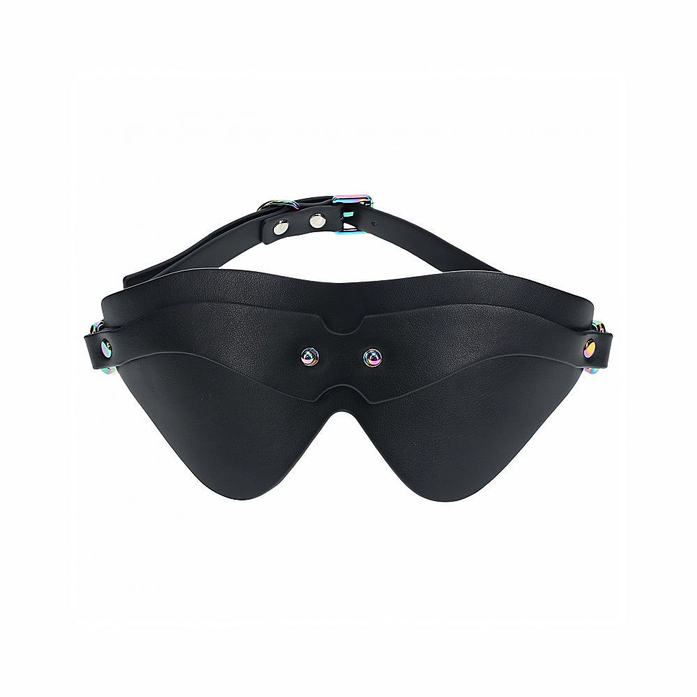Ouch! International Venice Collection Blindfold black bonded-leather blindfold with contoured eye panel and rainbow studs