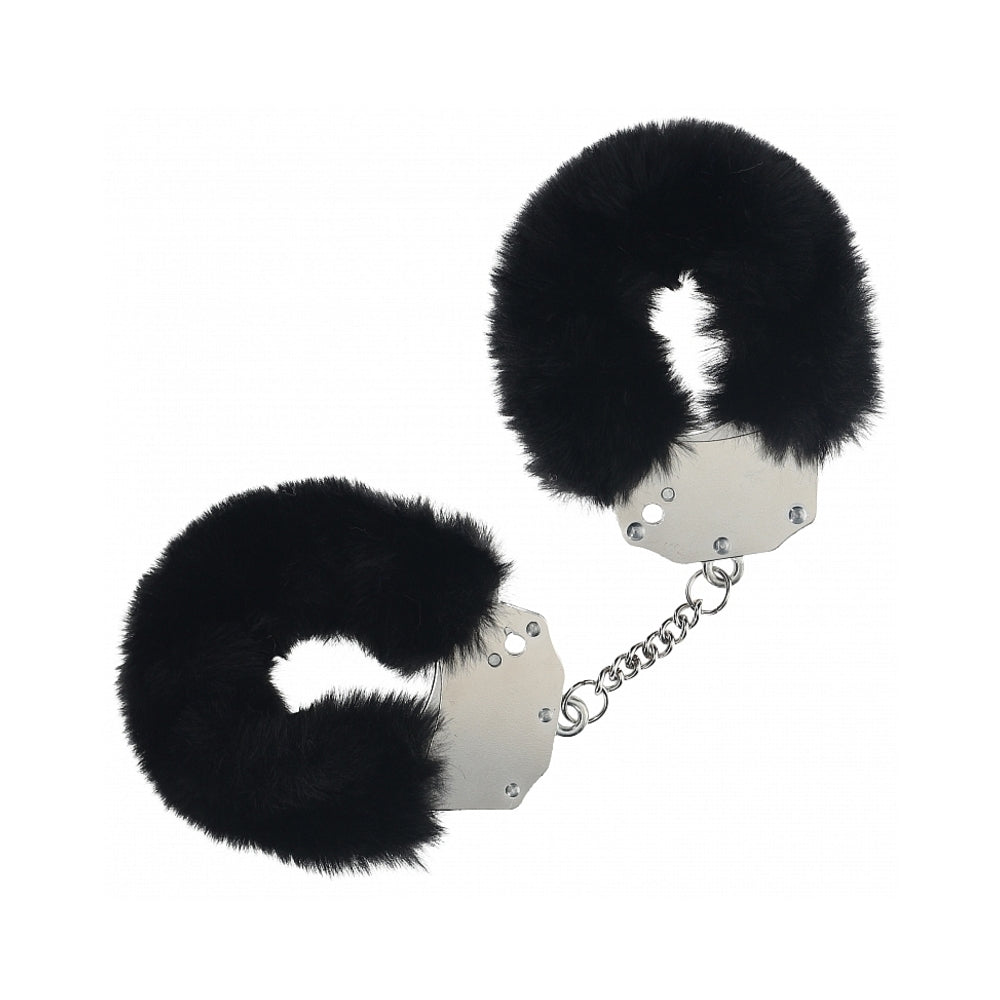 Ouch! Heavy-Duty Fluffy Handcuffs Black Shots Ouch black fluffy handcuffs fur-covered metal pair joined by short chain