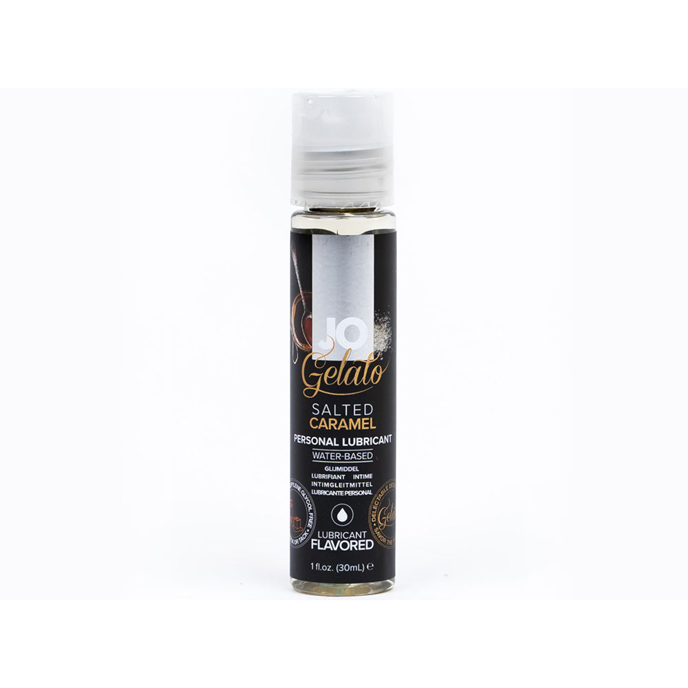 JO Gelato Salted Caramel Flavored Water-Based Lubricant 1 oz. System JO Gelato Salted Caramel 1 oz slim bottle front with clear cap