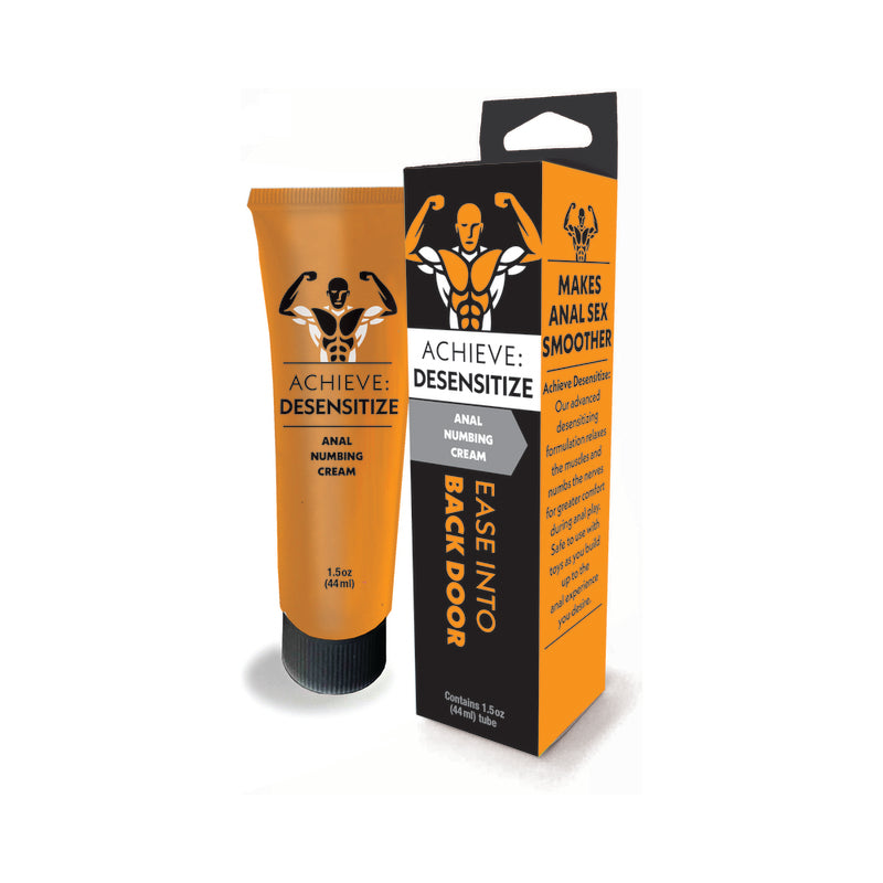 Achieve: Desensitize Anal Numbing Cream orange 1.5 oz Achieve cream tube beside matching black and orange retail box