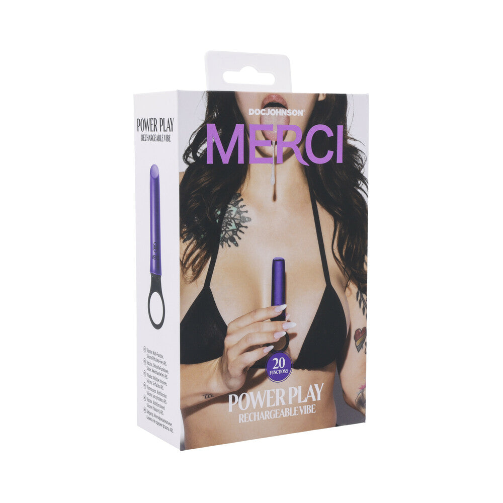Merci Power Play with Silicone Grip Ring Violet angled Merci Power Play violet vibrator retail box with grip ring pictured