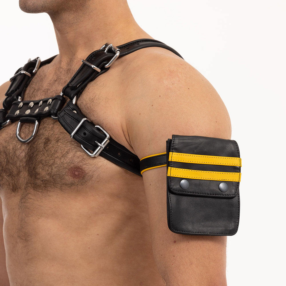 Prowler RED Pouch Wallet Black/Yellow Black and yellow Prowler RED leather wallet worn closed on upper arm