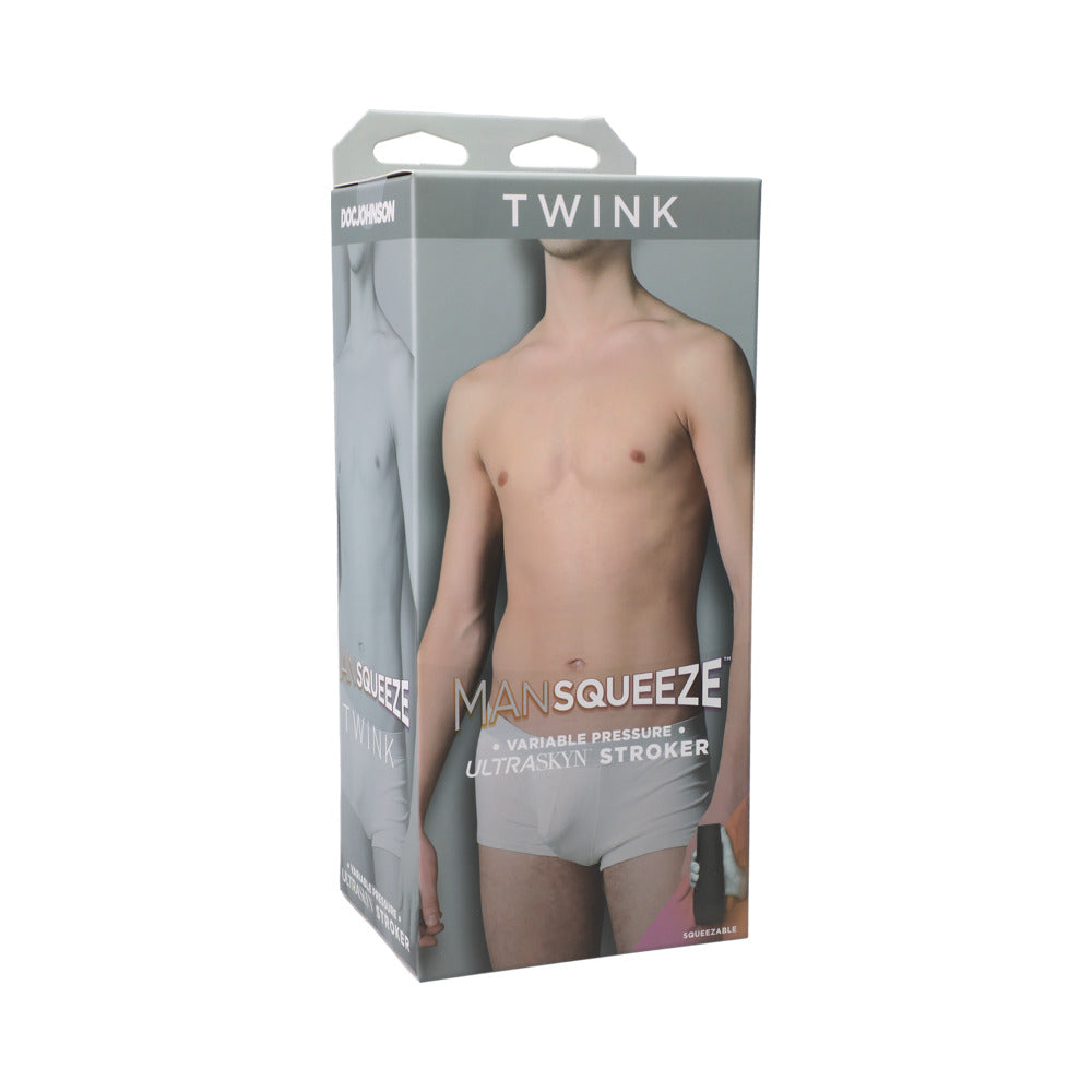 Man Squeeze Twink Ass Vanilla Doc Johnson Main Squeeze Twink vanilla stroker beside clear portrait retail box