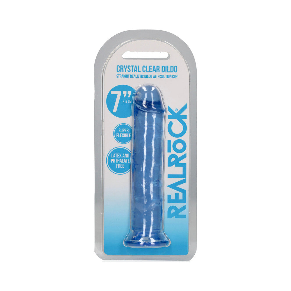 RealRock Crystal Clear Straight 7 in. Dildo Without Balls Blue RealRock blue Straight 7-inch dildo retail pack