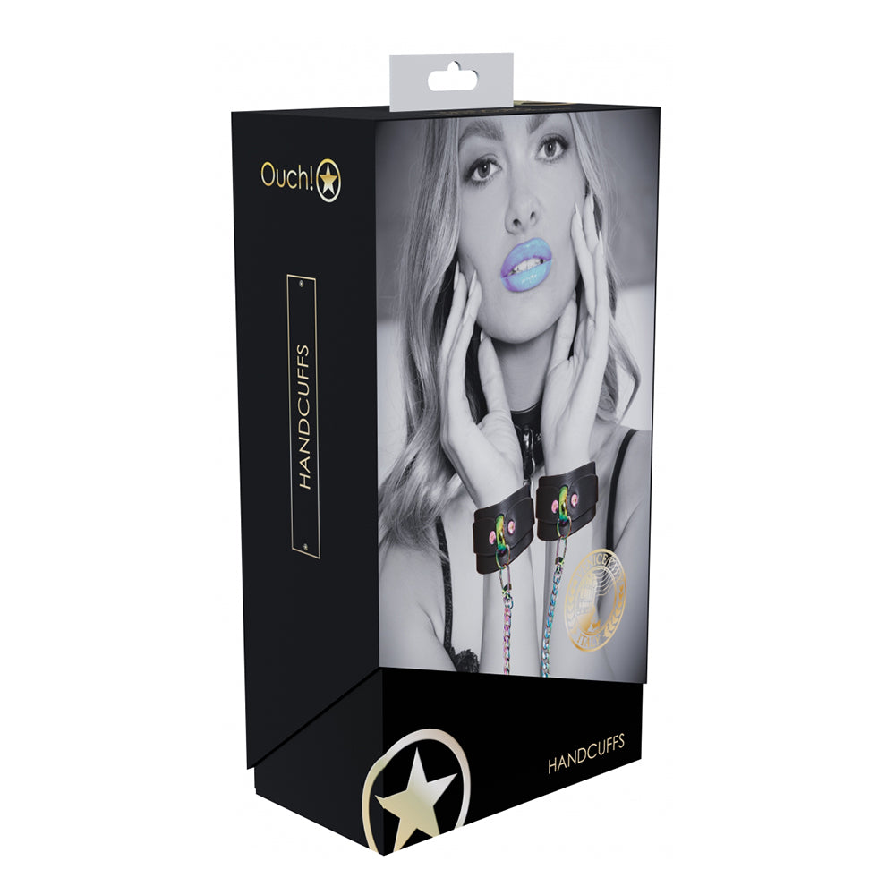 Ouch! International Venice Collection Handcuffs black Venice Collection handcuffs with iridescent connector chains on box