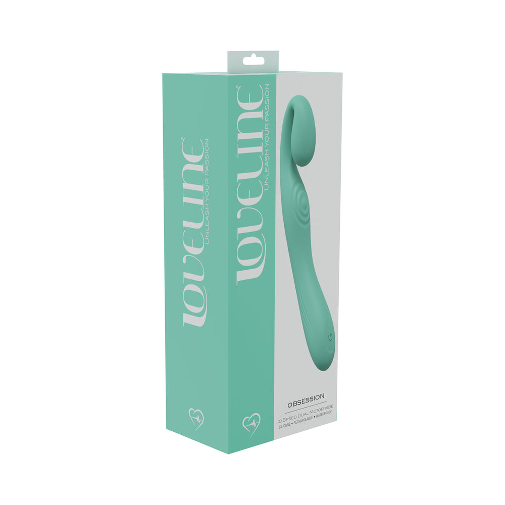 LoveLine Obsession 10 Speed Dual Motor Vibe Sealed Silicone Rechargeable Submersible Green green LoveLine Obsession curved vibrator pictured on green retail box