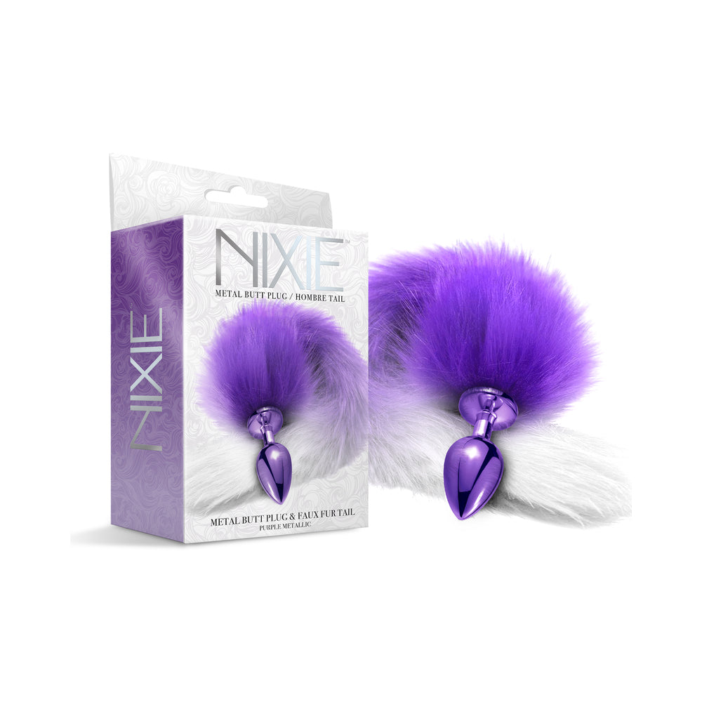Nixie Metal Butt Plug With Ombre Tail Purple Metallic Nixie purple ombre tail plug beside purple retail box