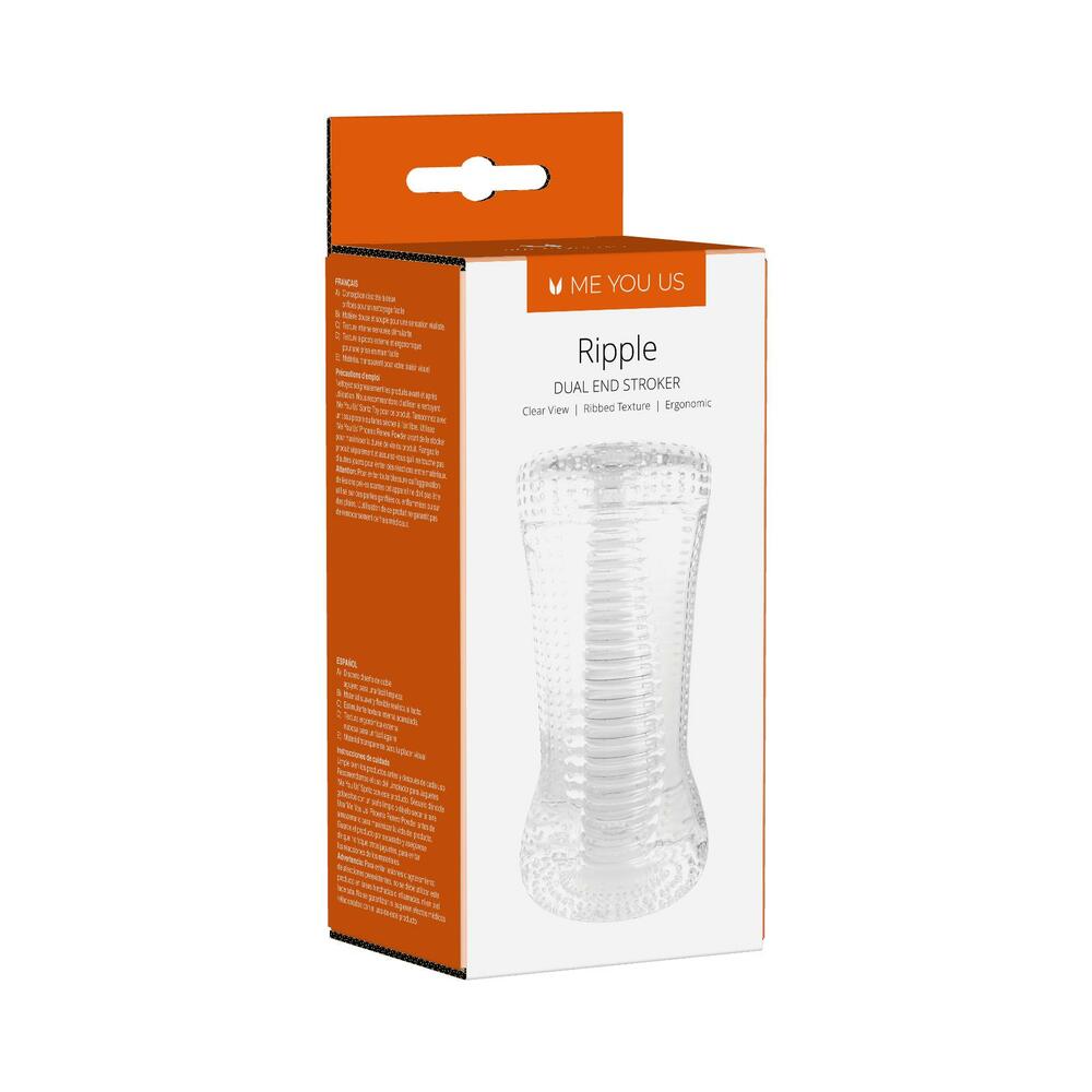Me You Us Ripple Dual End Stroker clear Me You Us Ripple dual-ended stroker with ribbed channel displayed on box