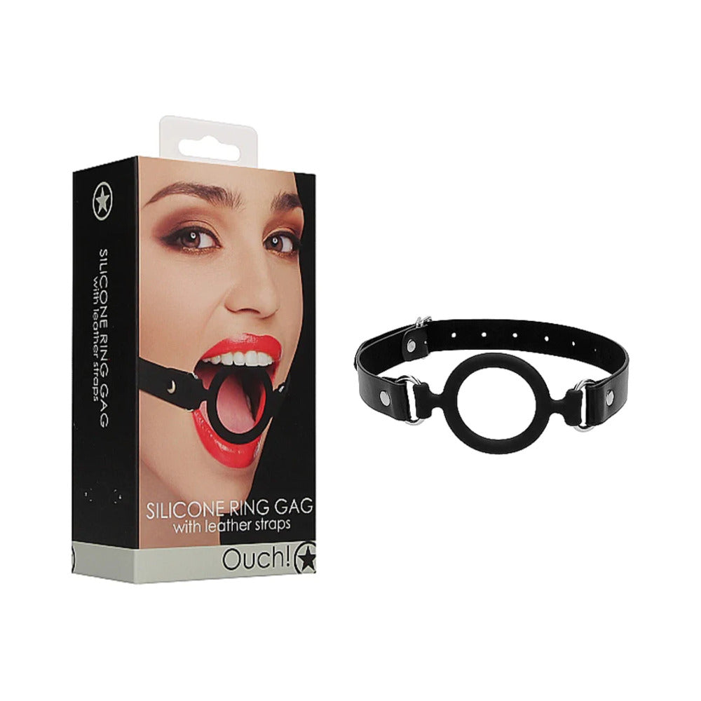 Ouch! Adjustable Silicone Ring Gag With Leather Straps Black Shots Ouch black silicone ring gag with leather straps and retail box