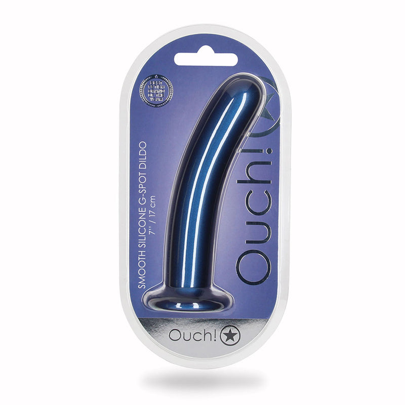 Ouch! Smooth Silicone 7 in. G-Spot Dildo Metallic Blue Shots Ouch metallic blue 7 inch smooth silicone dildo front clamshell retail package