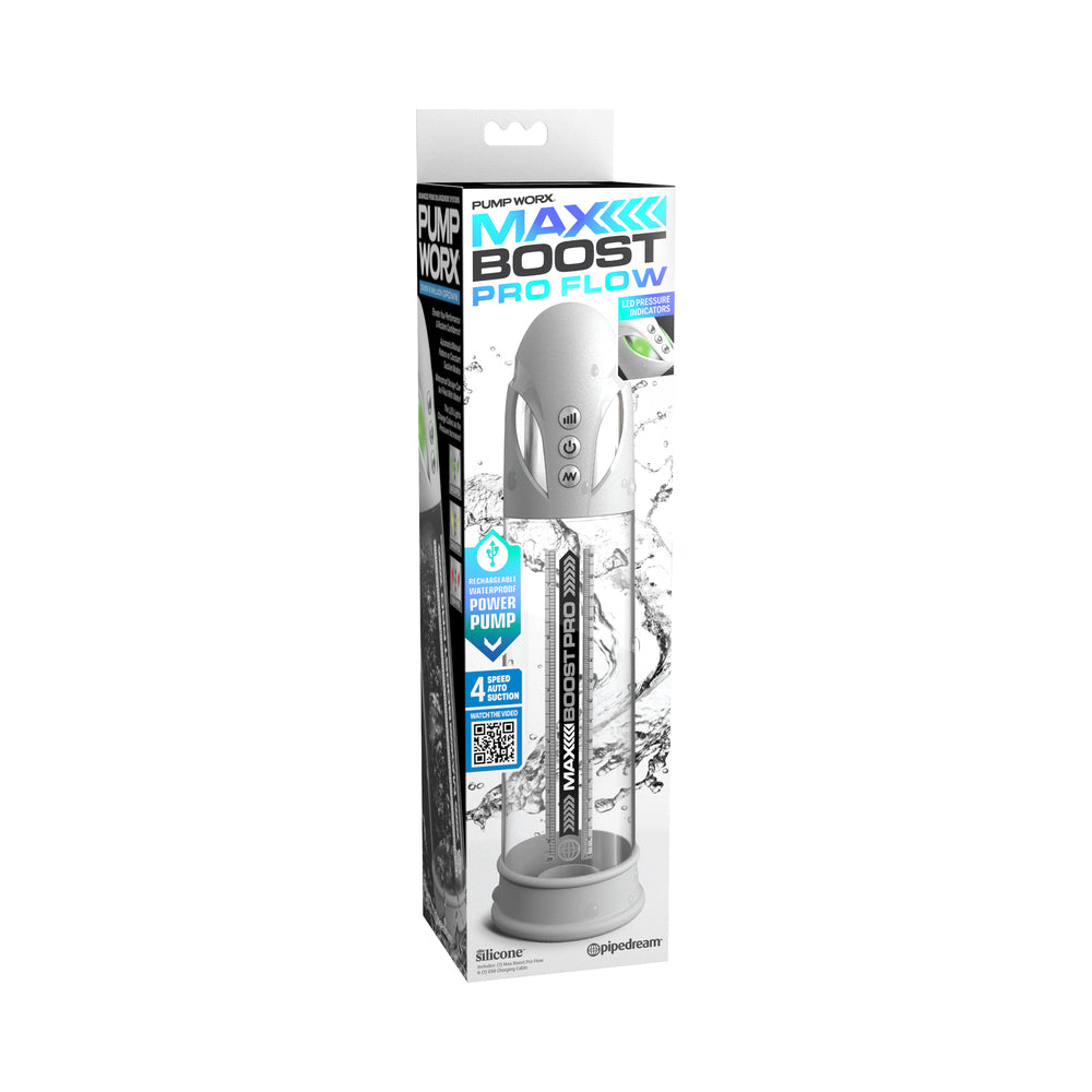 Pump Worx Max Boost Pro Flow White/Clear clear Pump Worx Max Boost Pro Flow cylinder with white base inside a tall white retail box
