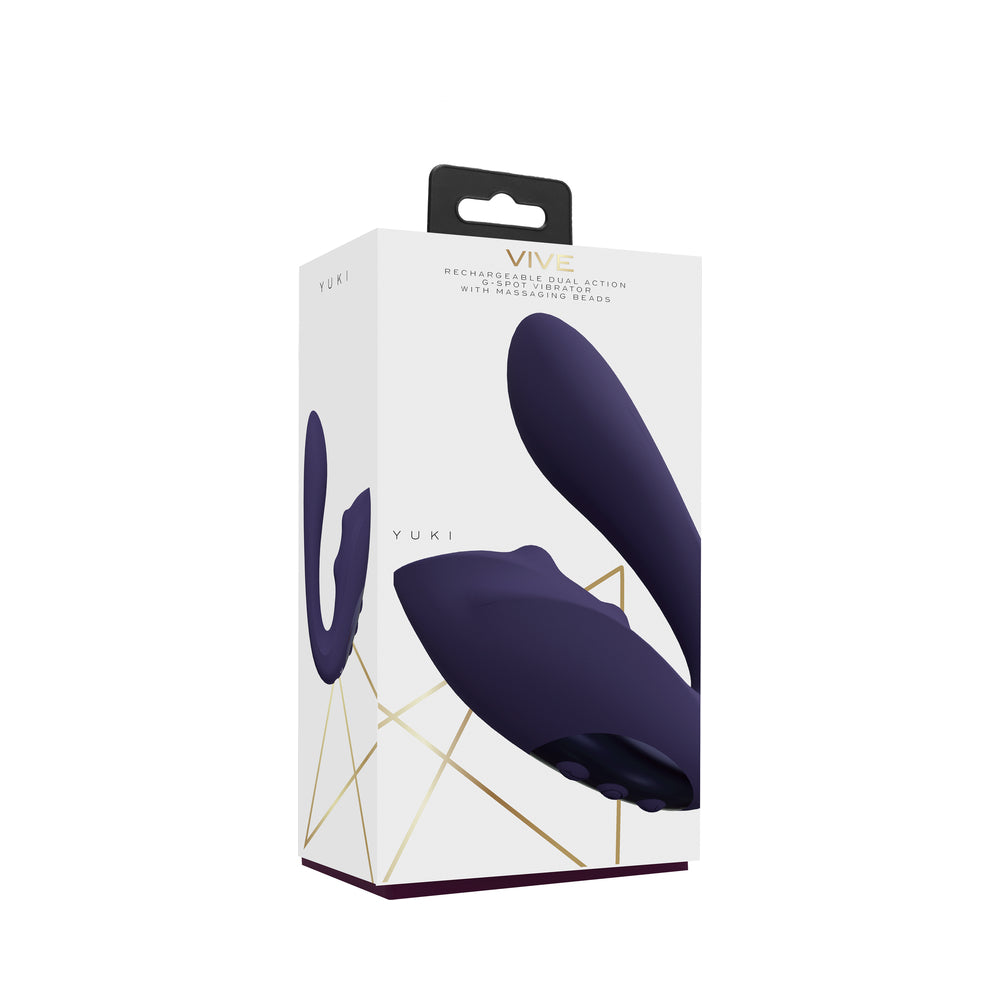 VIVE YUKI Rechargeable Dual Motor G-Spot Vibrator with Massaging Beads Purple purple VIVE YUKI curved vibrator and bead ring pictured on white box