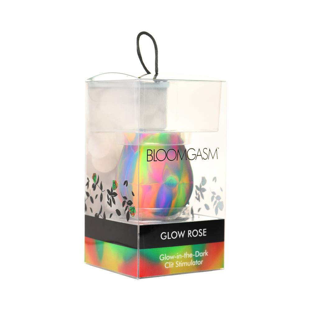 Bloomgasm Glow Rose Glow-in-the-Dark Rose Clit Stimulator multicolor iridescent Bloomgasm Glow Rose in clear floral display box