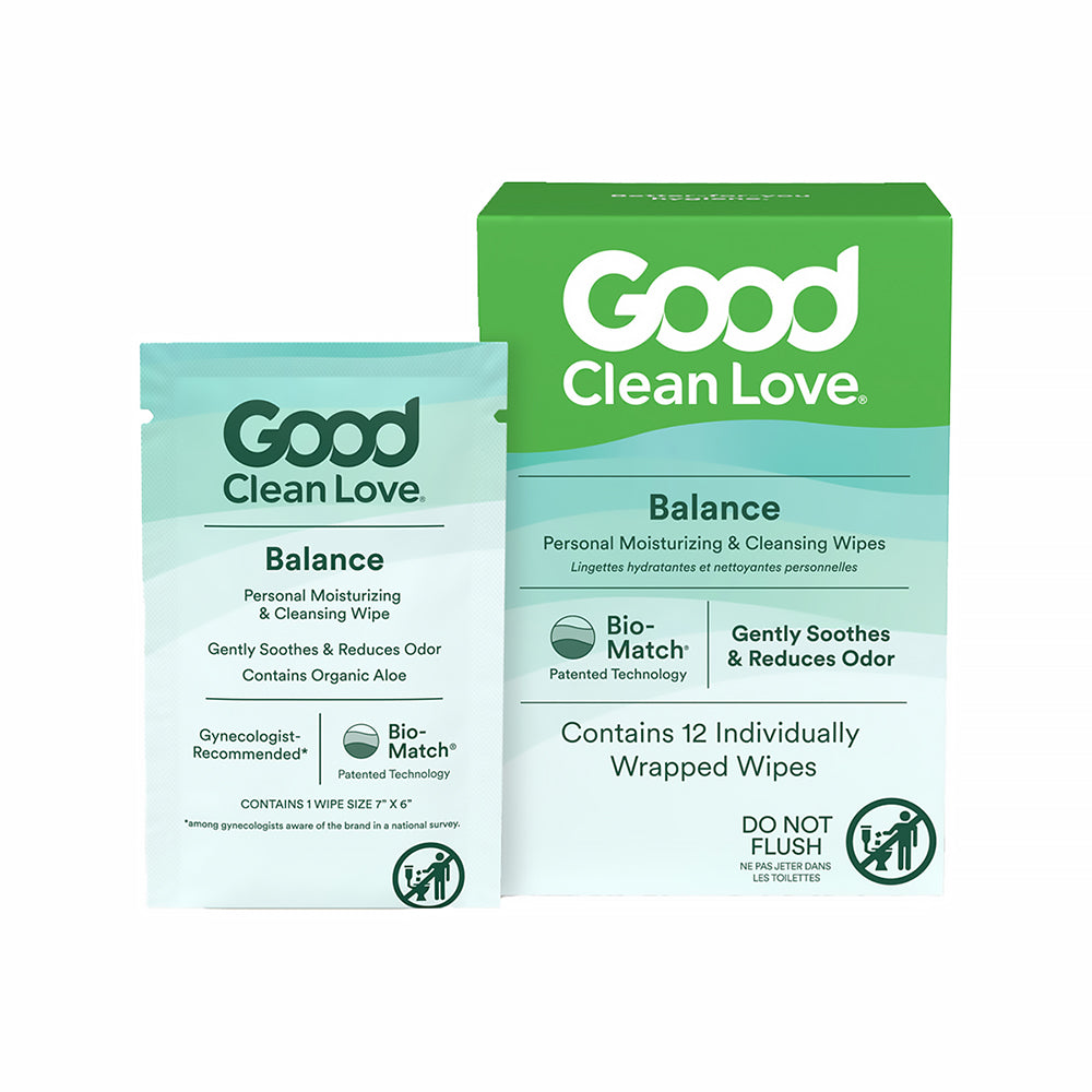 Good Clean Love Balance Personal Moisturizing & Cleansing Wipes 12-Pack Good Clean Love Balance 12-wipe green and aqua box with one individual packet