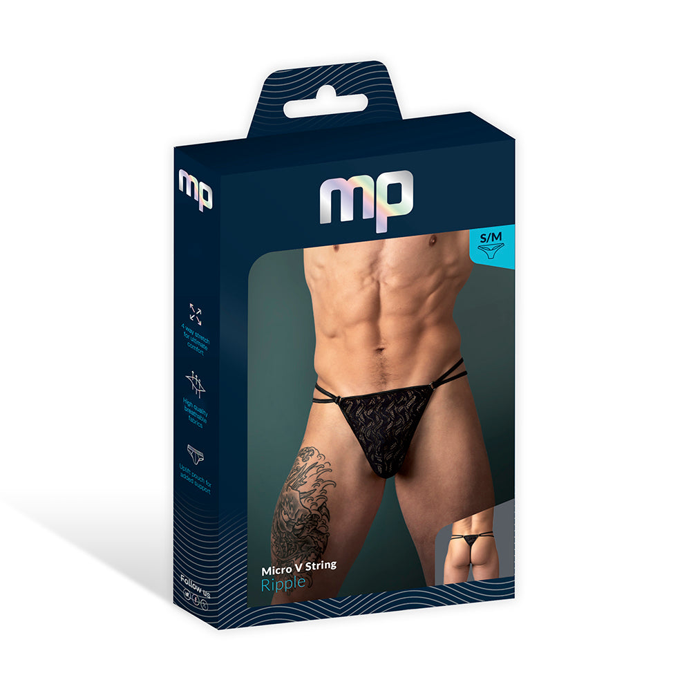 Male Power Ripple Micro V String Black L/XL Male Power Ripple Micro V-String in black size L/XL displayed in a navy window retail box