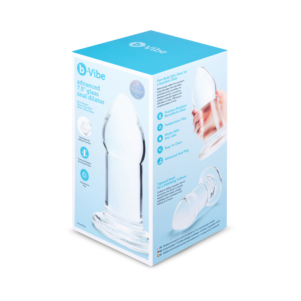 b-Vibe Advanced 7.5 in. Glass Anal Dilator b-Vibe Advanced 7.5-inch glass dilator blue and white retail box