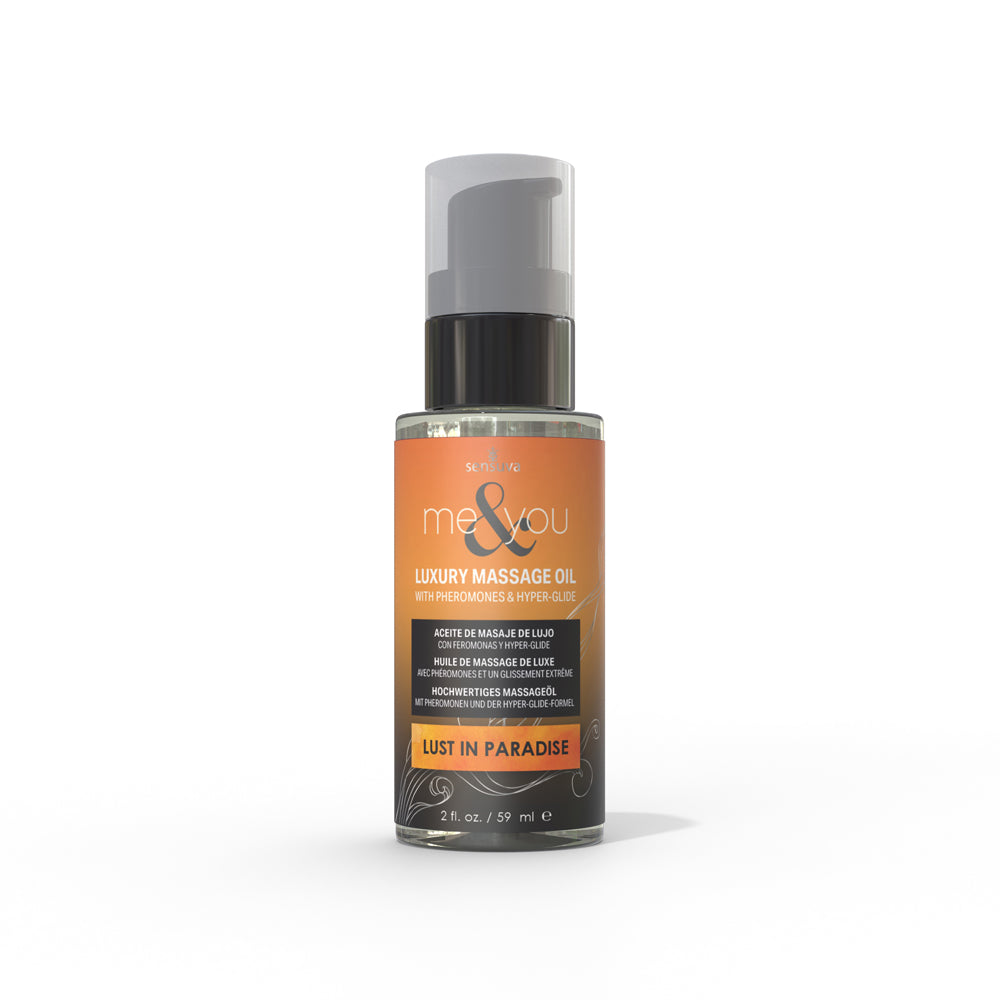 Sensuva Me & You Pheromone-Infused Luxury Massage Oil Lust in Paradise 2 oz. Sensuva Me and You Lust in Paradise massage oil in orange pump bottle