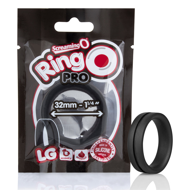 Screaming O RingO Pro Lg Black RingO Pro Large Black 32 mm silicone ring beside black retail pouch