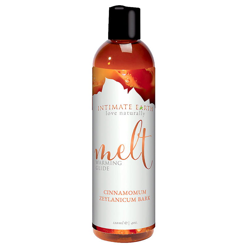 Intimate Earth Melt Warming Glide 120 ml/4 oz Intimate Earth Melt 4 oz Glide tall amber bottle with orange white cinnamon bark label