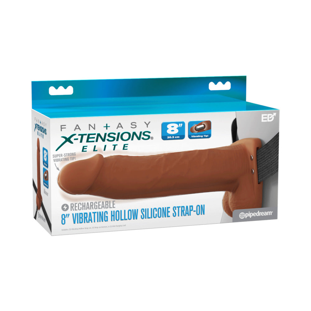 Fantasy X-Tensions Elite Vibrating Hollow Silicone Strap-On 8 in. Brown Fantasy X-Tensions Elite brown 8-inch strap-on retail box