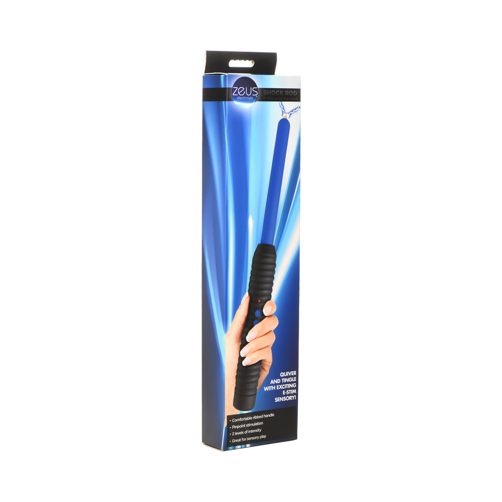 Zeus Electrosex Shock Rod E-Stim Zapping Wand blue Zeus Electrosex Shock Rod with ribbed black handle on tall box