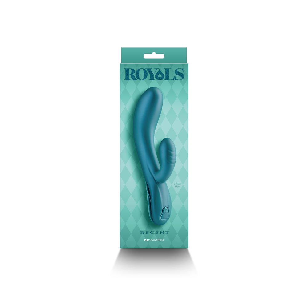 Royals Regent Rabbit Vibrator Metallic Green NS Novelties Royals Regent metallic green rabbit vibrator inside tall green retail box