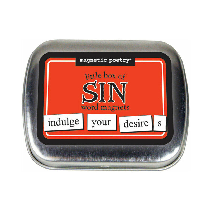 Magnetic Poetry Little Box of Sin Word Magnets silver Little Box of Sin word magnet tin with red and black front label
