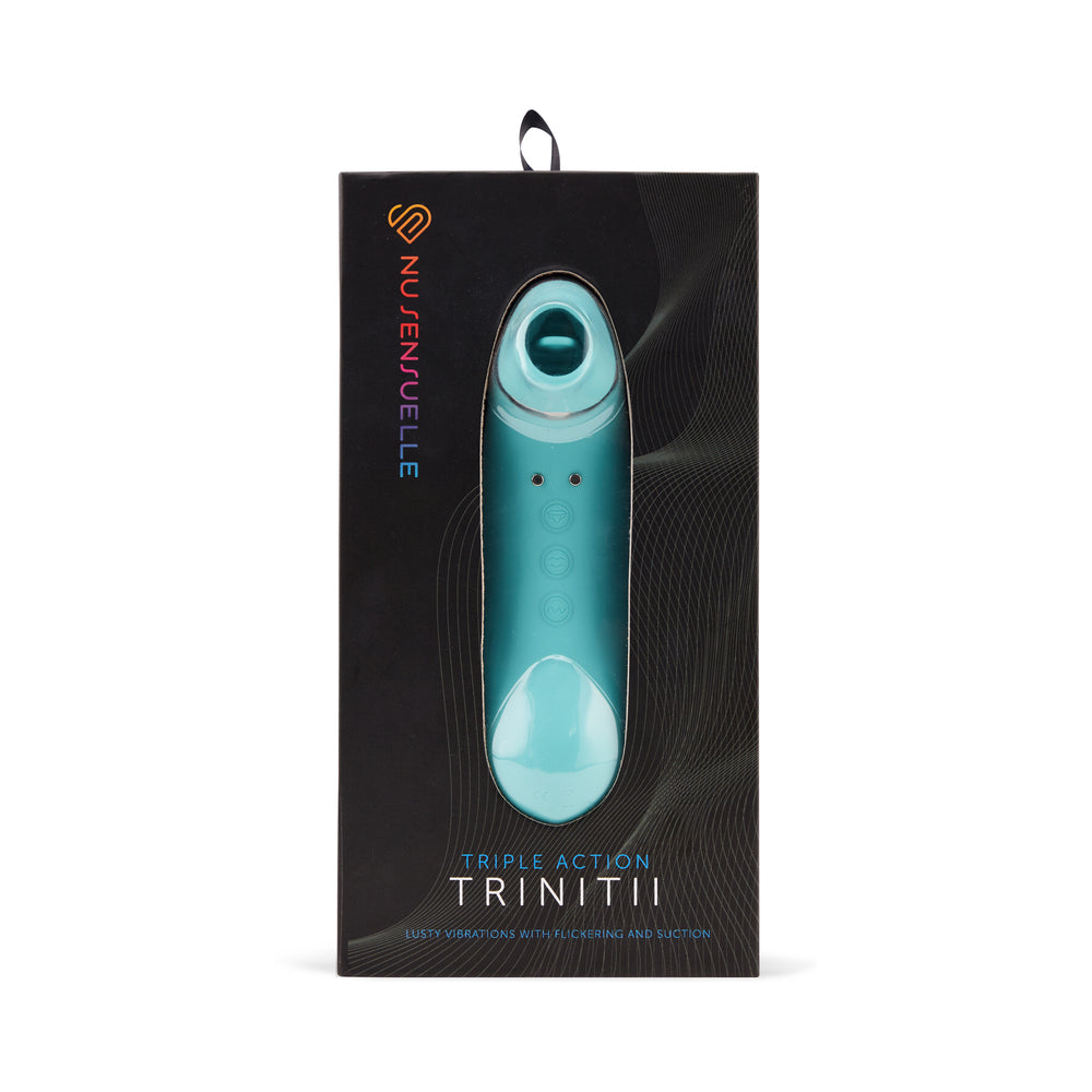 Nu Sensuelle Trinitii 3-in-1 Suction Tongue Vibe Electric Blue Nu Sensuelle Trinitii aqua suction vibrator displayed in black window box