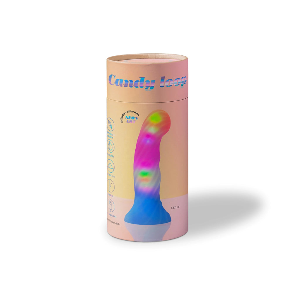 Love to Love Dildo LED Candy Loop Lovely Planet Candy Loop LED silicone dildo pink cylindrical retail package with rainbow product image