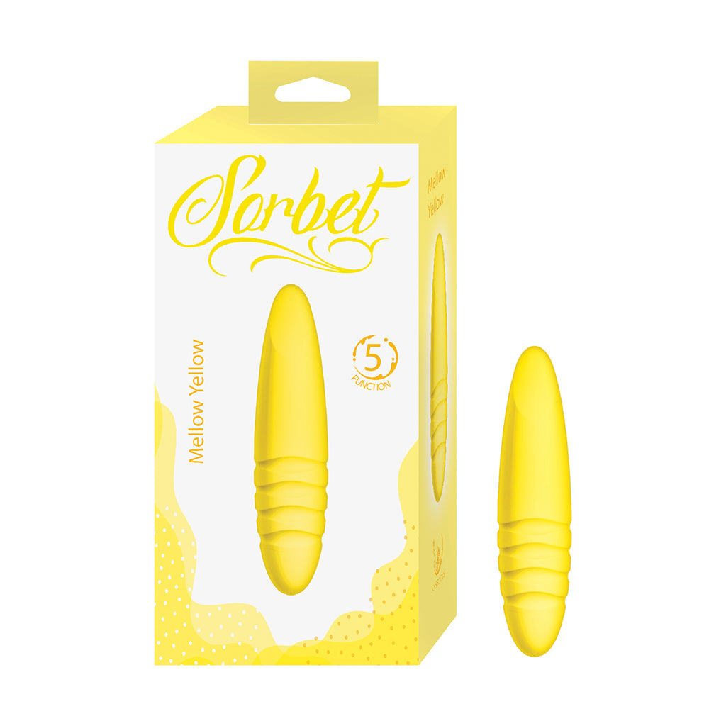 Sorbet Mellow Yellow Yellow Yellow Nasstoys Sorbet Mellow Yellow bullet vibrator beside retail box