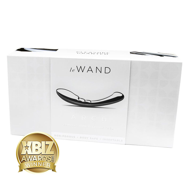Le Wand Arch Stainless Steel Massager Le Wand Arch curved stainless steel massager pictured on white box