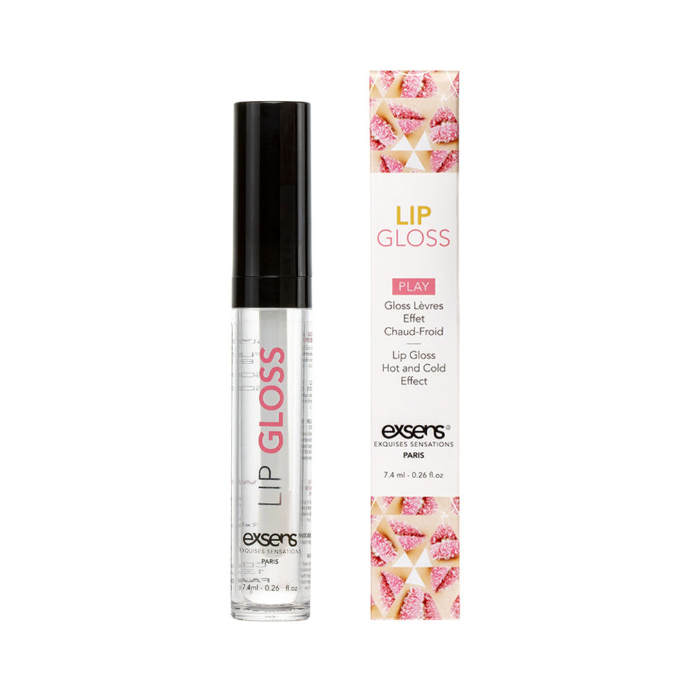 Exsens Hot Kiss Arousal Lip Gloss Strawberry 0.24 oz. clear Exsens Strawberry Lip Gloss tube with black cap beside pink floral carton