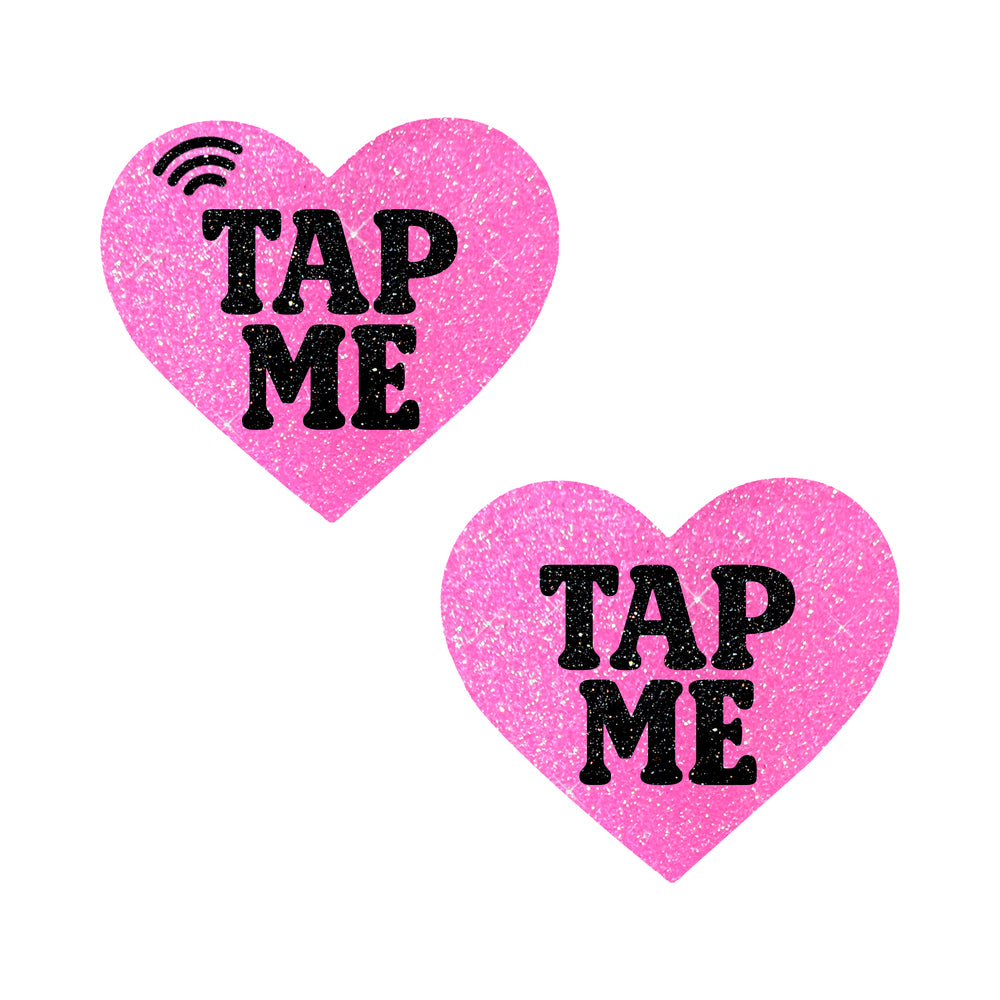 Neva Nude Tap Me Pink Heart Smart NFC Pasties Neva Nude Tap Me pink glitter heart NFC pasties matching pair with bold lettering and NFC symbols