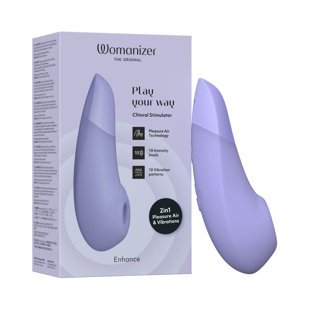 Womanizer Enhance Lilac Lilac Womanizer Enhance curved stimulator beside pale-purple box