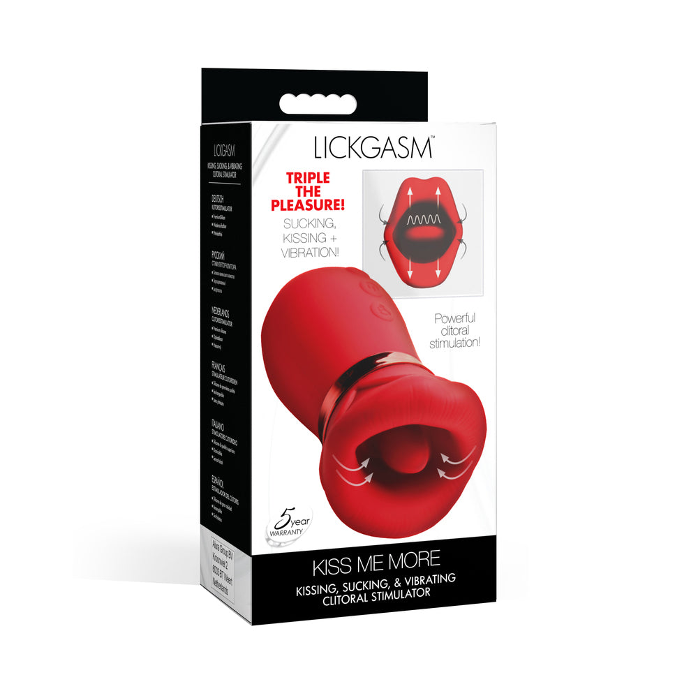 Lickgasm Kiss Me More Kissing, Sucking, & Vibrating Clitoral Stimulator Lickgasm Kiss Me More red clitoral stimulator with mouth-shaped opening on black-and-white retail box