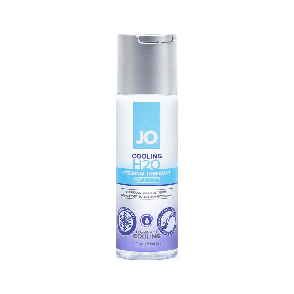 JO H2O Cooling Water-Based Lubricant 2 oz. Front of 2 oz System JO H2O Cooling bottle with blue label and silver pump