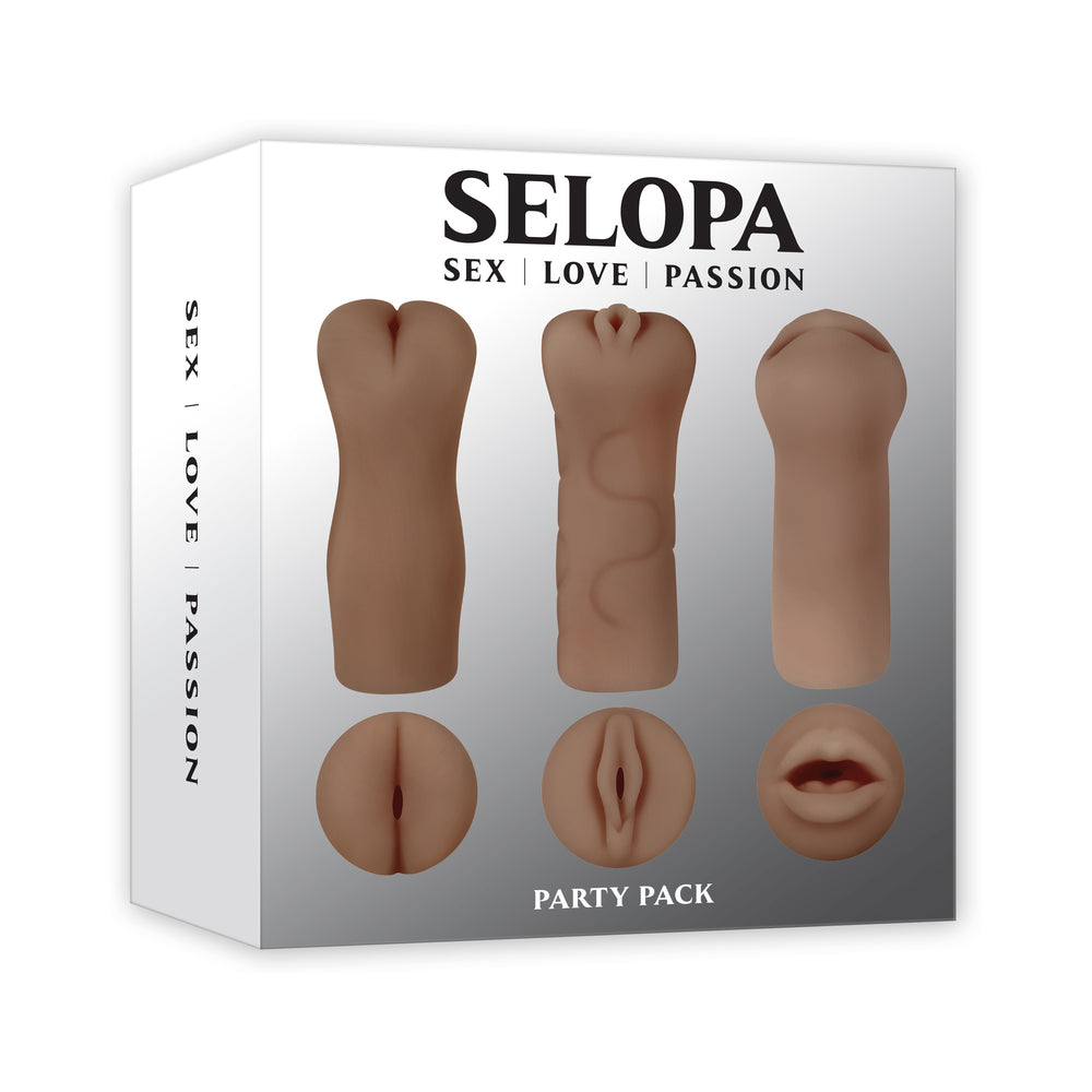 Selopa Party Pack 3-Piece Stroker Pack Dark Selopa Party Pack Dark box showing three brown stroker designs