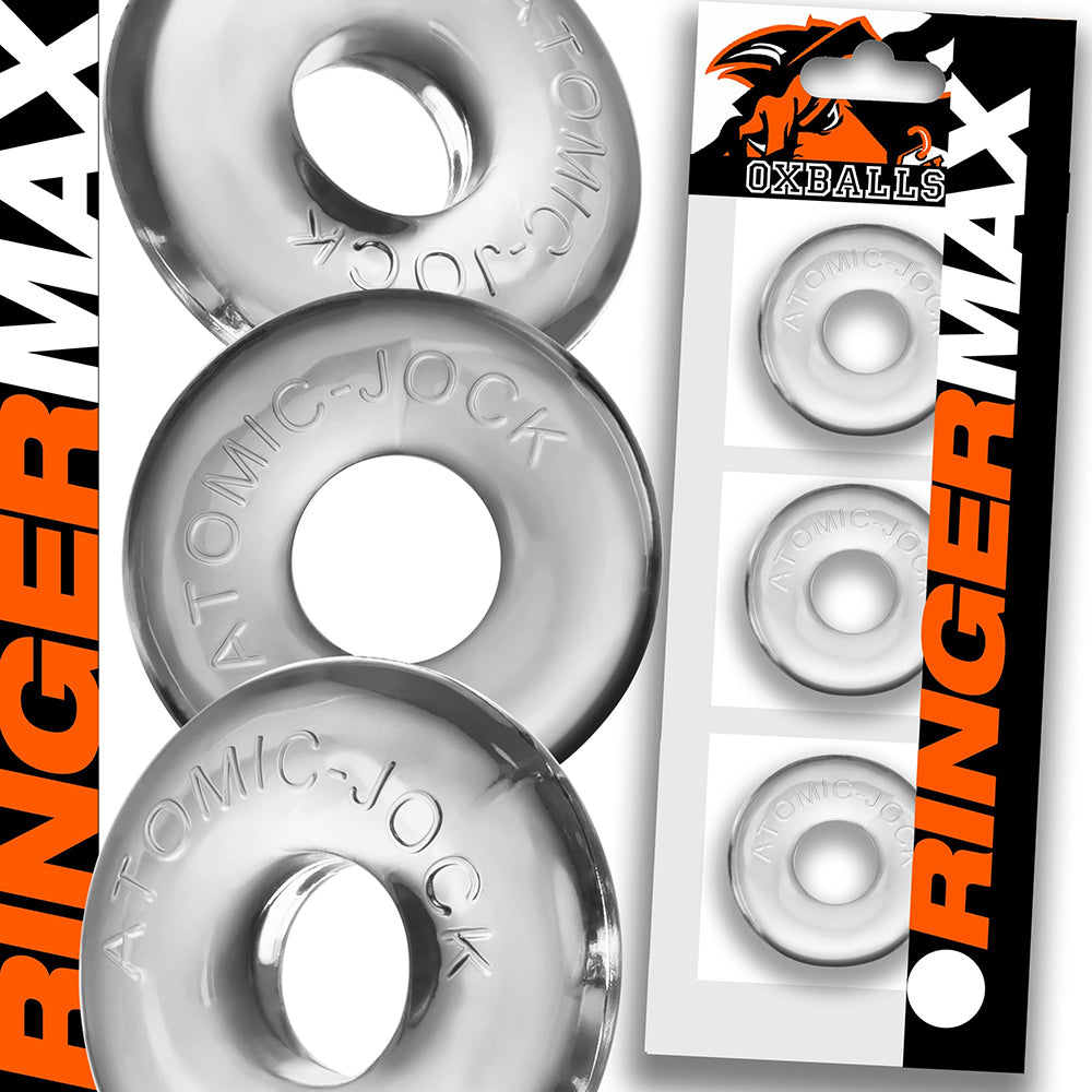 OxBalls Ringer Max 3-Pack Clear three clear OxBalls Ringer Max rings with white black and orange sleeve