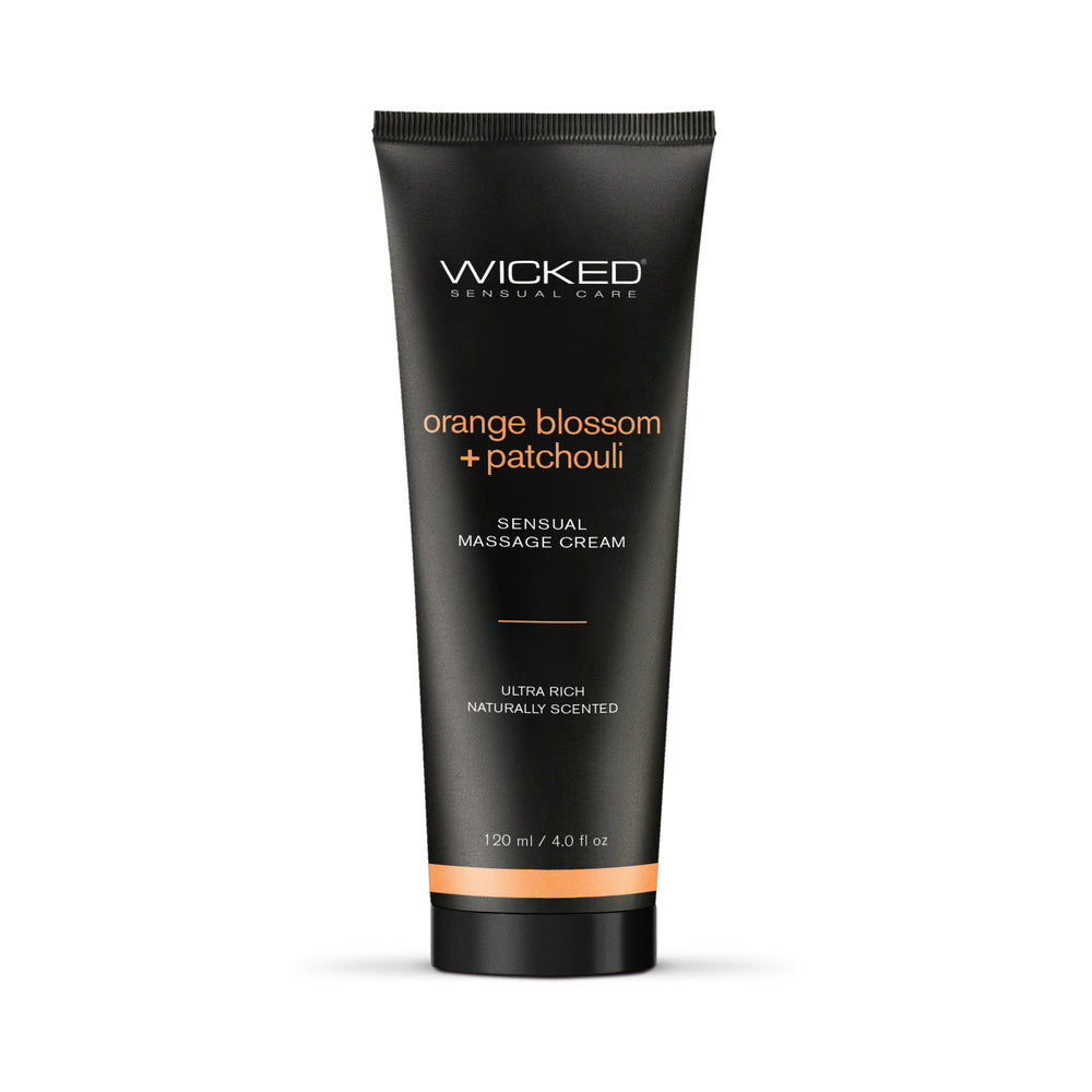 Wicked Orange Blossom + Patchouli Sensual Massage Cream 4 oz. Front of Wicked Orange Blossom Patchouli 4 oz tube