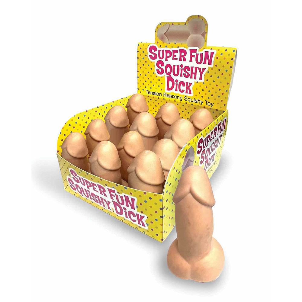 Stress Penis 12-Piece Display yellow counter display holding 12 beige Stress Penis squishy pieces