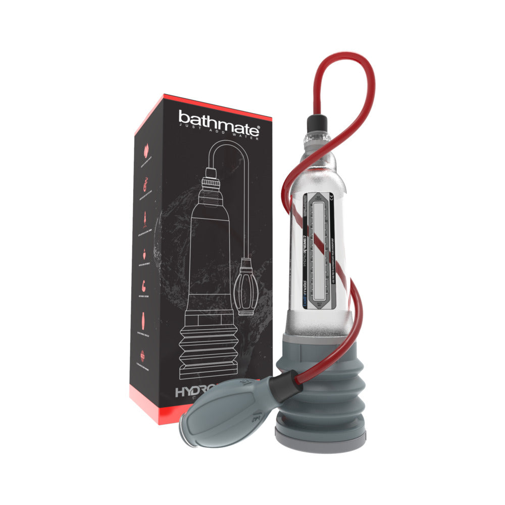 Bathmate HYDROXTREME7 Clear Bathmate HydroXtreme7 Clear penis pump retail box beside transparent cylinder, red hose and gray handball