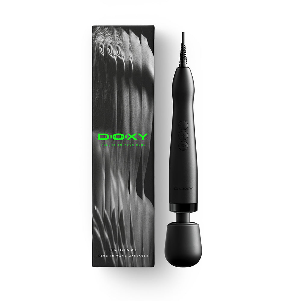 Doxy Original Massager Wand Black Doxy Original plug-in black wand beside black retail box