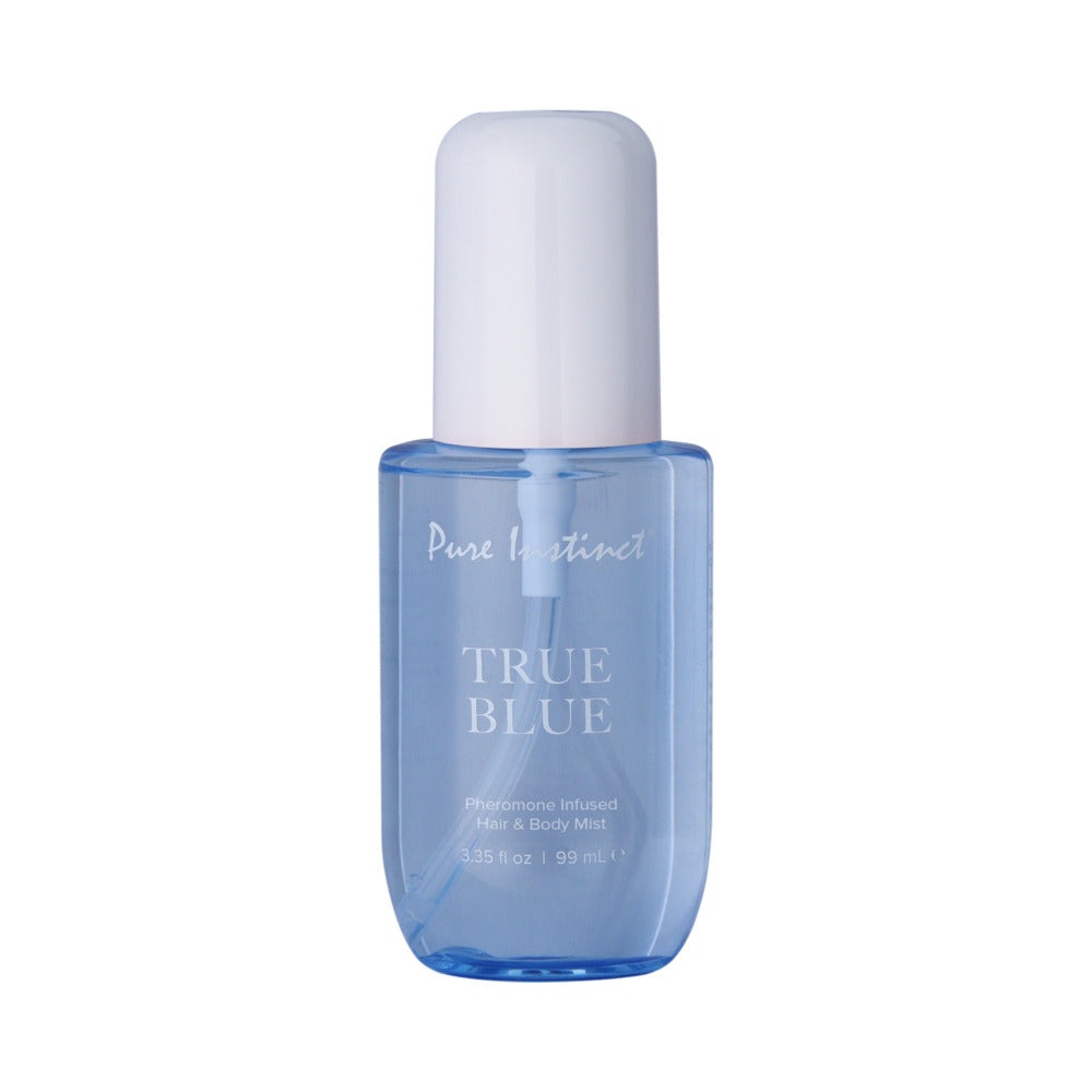 Pure Instinct Pheromone Hair & Body Mist True Blue 3.35 oz. Translucent blue Pure Instinct True Blue mist bottle