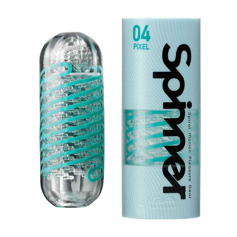 Tenga Spinner Pixel clear stroker with teal coil and pale blue case