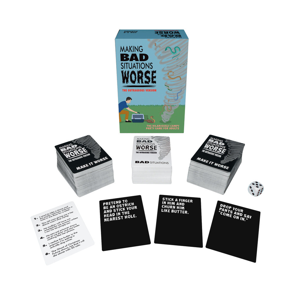 Making Bad Situations Worse (The Outrageous Version) Making Bad Situations Worse card game with decks and numbered die
