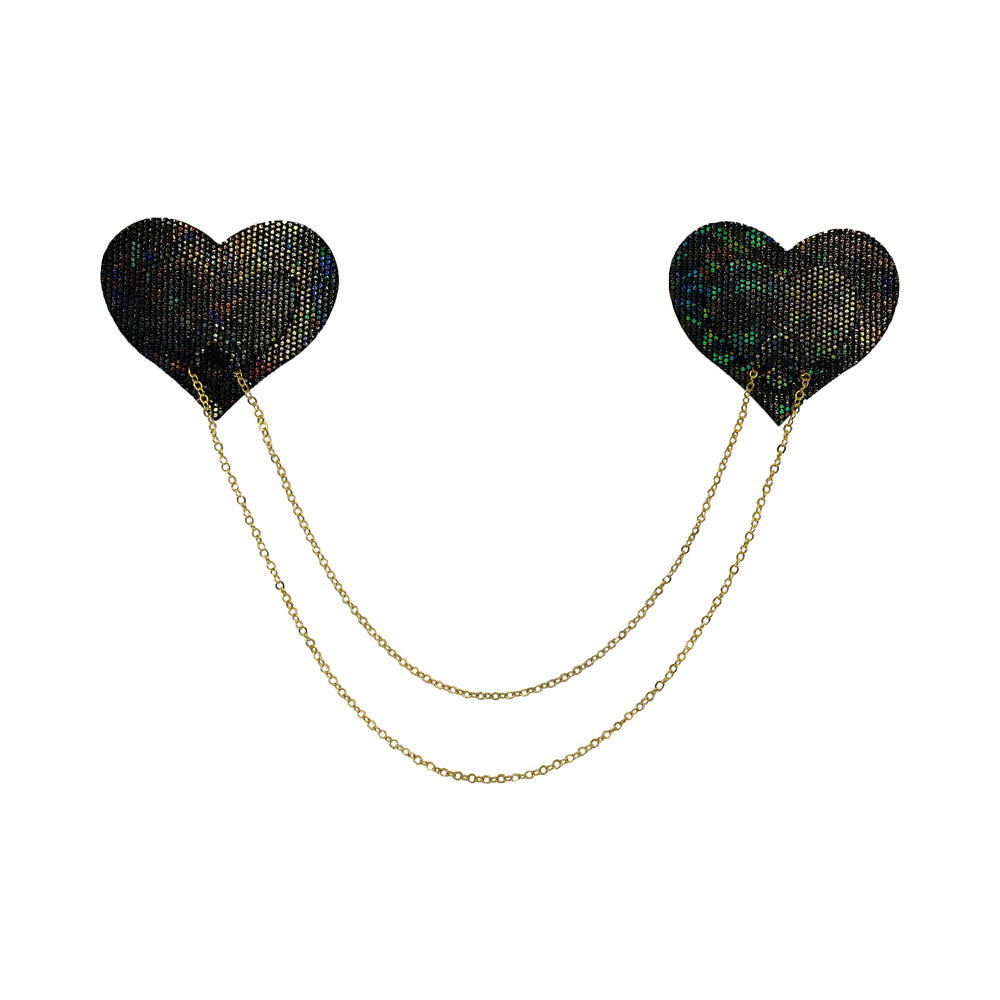 Pastease Chains: Black Shattered Disco Ball Heart with Gold Chains Pasties Pastease black shattered disco heart pasties connected by two gold-tone chains