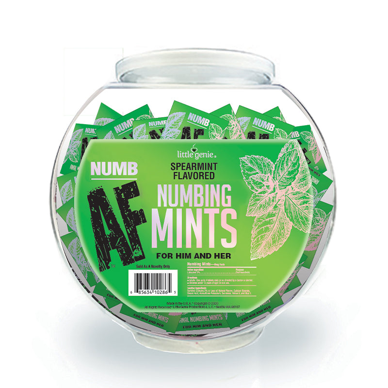 Numb AF Spearmint Flavored Numbing Mints 100-Piece Fishbowl Display Clear fishbowl display filled with green Little Genie spearmint mint packs