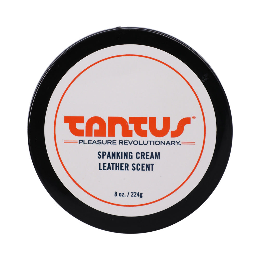 Tantus Apothecary Spanking Cream Leather Scent 8 oz. Top label on Tantus leather scent Spanking Cream 8 oz jar